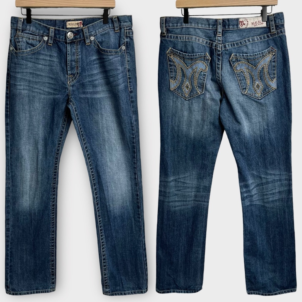 MEK Denim Men’s Jeans Size 34x34 Y2K Grunge Medium Blue Embroidered Pockets